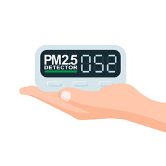 PM 2.5 Air pollution quality monitor device on hand isolated on white background. Vector illustration cartoon flat design.