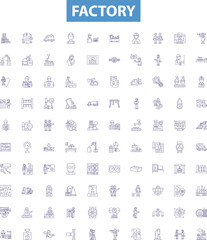 Factory line icons, signs set. Factory, Manufacturing, Industrial, Plant, Workshop, Mill, Production, Assembly, Manufacturing outline vector illustrations.
