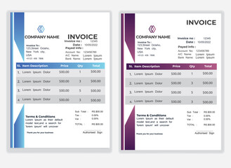 Business Minimal Corporate Invoice design template vector illustration bill form price . Creative template and stationery design payment agreement design template Cash Memo, Vector Quotation Design