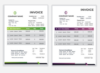 Business Minimal Corporate Invoice design template vector illustration bill form price . Creative template and stationery design payment agreement design template Cash Memo, Vector Quotation Design
