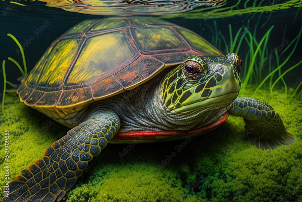 Poster red-eared slider turtle up up and personal in a pond full with vivid green duckweed. generative ai