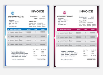 Business Minimal Corporate Invoice design template vector illustration bill form price . Creative template and stationery design payment agreement design template Cash Memo, Vector Quotation Design
