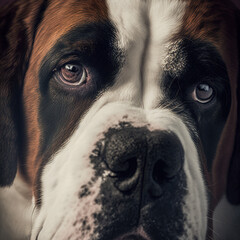 Studio shot with cute st.bernard dog portrait with the curiosity and innocent look as concept of modern happy domestic pet in ravishing hyper realistic detail by Generative AI.