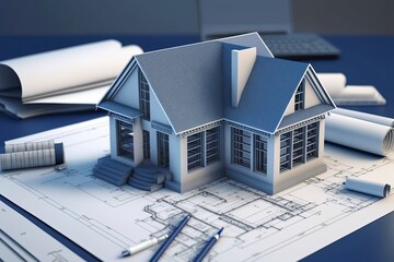 Fototapeta premium House model and architectural blueprint on the desktop. AI technology generated image