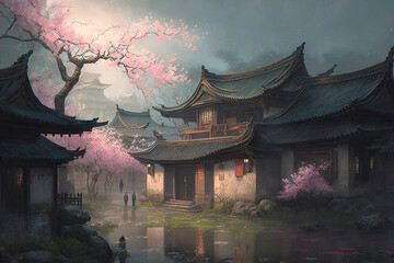 Ancient town streets full of peach blossoms. AI technology generated image