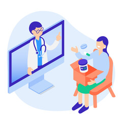 自宅で医師の診察を受けるオンライン診療のアイソメトリックイラスト