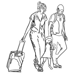 Family trip with baggages line art.