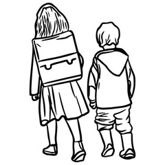 Children with the backpack, Back to school concept line art.