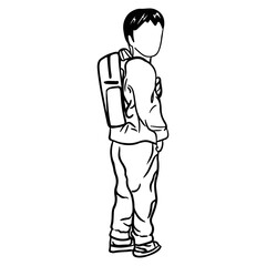 Young boy with backpack, Back to school concept line art.