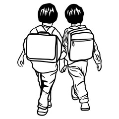 Children with the backpack, Back to school concept line art.