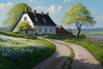 Fototapeta na wymiar Farmhouse in spring with road and meadow as a digital illustration (Generative AI)