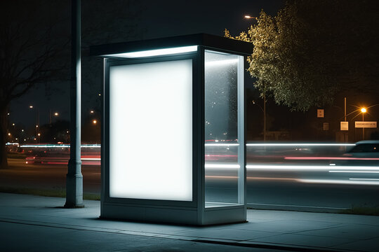 Night time Blank white mockup light box in a bus stop. Generative AI