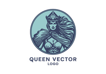 Vector round logo. Portrait of a queen in a crown with flowing hair. Monochrome sticker on a white background. Emblem or icon.