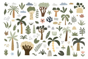 Hand drawn tropical palms and leaf, black line silhouette exotic plants hawaii natura, engraving vector beach landscape set © Ольга Агуреева
