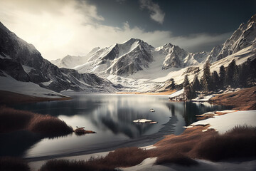 Calm lake in front if snowy mountain range landscape, generative AI