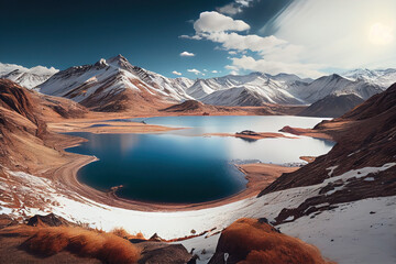 Calm lake in front if snowy mountain range landscape, generative AI
