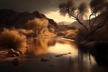 Flowing river beautiful nature scenery landscape with trees and grass growing on the banks. generative AI