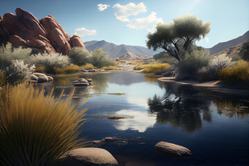 Flowing river beautiful nature scenery landscape with trees and grass growing on the banks. generative AI