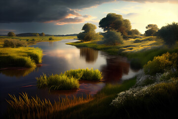 Flowing river beautiful nature scenery landscape with trees and grass growing on the banks. generative AI