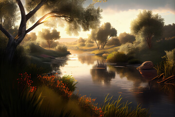 Flowing river beautiful nature scenery landscape with trees and grass growing on the banks. generative AI
