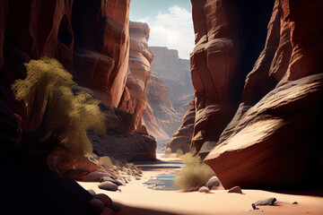 Beautiful canyon mountain landscape with a blue sky in the background, generative AI