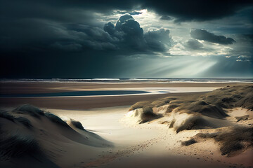 Beach seascape gorgeous stormy, cloudy landscape, generative AI