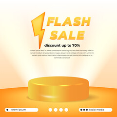 flash sale offer banner with 3d thunder bolt and podium stage product display for social media marketing discount promotion