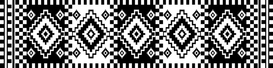 Southwest geometric black and white pattern. Vector monochrome ethnic geometric square diamond pattern. Aztec kilim pattern use for border, carpet, area rug, tapestry, mat, home decoration elements.