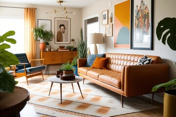 Modern living room with tan leather sofa as digital illustration (Generative AI)