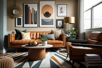 Modern living room with tan leather sofa as digital illustration (Generative AI)