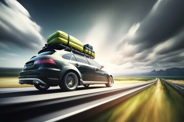 Fototapeta na wymiar Modern and fast car with roof luggage travel on the road. Generative AI