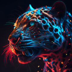 Yellow and blue laser-lit tiger on black background