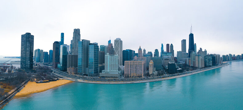 Aerial wide panoramic view of the city of Chicago, Illinois. USA on an overcast day.  April, 2023.