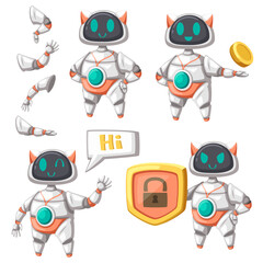 Set of android character robot cartoon style futuristic machine for industrial use.
