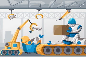 Set of android character robot cartoon style futuristic machine for industrial use.