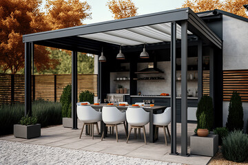 Modern patio furniture include a pergola shade structure, an awning, a patio roof, a dining table, seats, and a metal grill, generative AI - obrazy, fototapety, plakaty