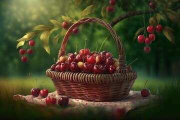 Fototapeta na wymiar A wicker basket with cherries in spring as a digital illustration (Generative AI)