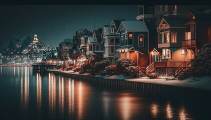 Fototapeta premium A seaside town at night unsplash night view of the town Generative AI