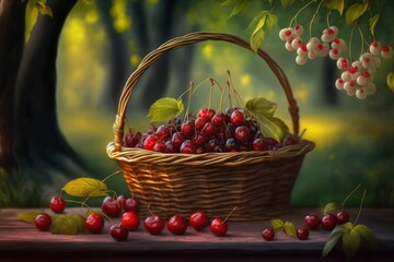 Fototapeta na wymiar A wicker basket with cherries in spring as a digital illustration (Generative AI)