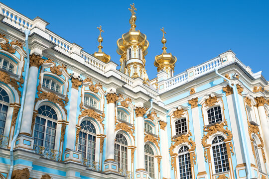 View of the domes of the Church of the Resurrection of Christ in the Catherine Palace on a sunny day. Tsarskoye Selo