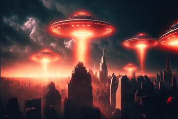 Alien UFO army attacks a city, alien invasion in 8K created with generative ai technology - obrazy, fototapety, plakaty