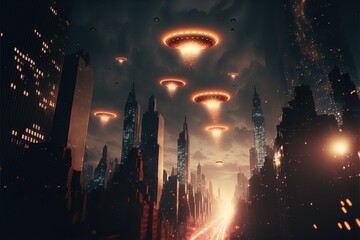 Alien UFO army attacks a city, alien invasion in 8K created with generative ai technology - obrazy, fototapety, plakaty
