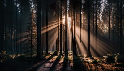 Sunbeams filtering through trees in a forest unsplash sunset in the forest  Generative AI