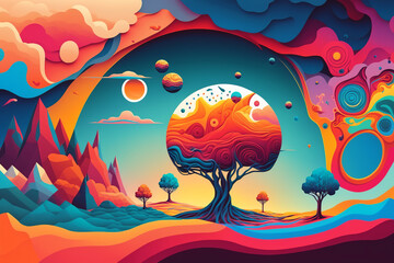 Surreal psychedelic hallucinogenic fantasy landscape. Multi-colored mountains, tree, sky, fantastic nature. Generative ai illustration