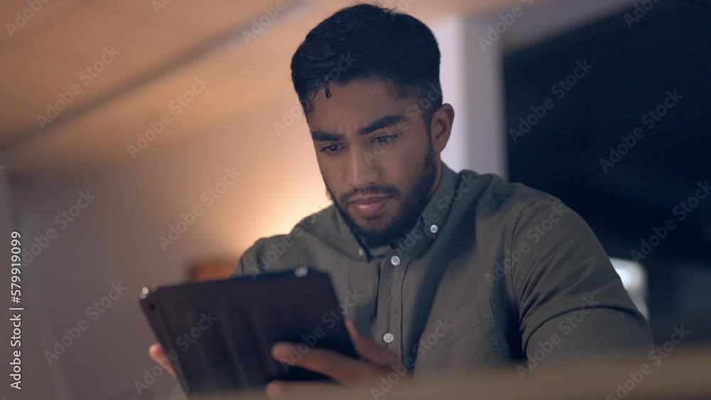Poster business man, tablet and working night for web design, company website development and tech support 