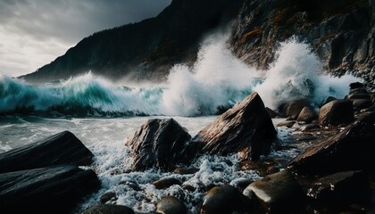 Waves crashing on a rocky shore unsplash  Generative AI