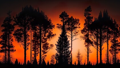 Silhouette of trees against an orange sky unsplash  Generative AI