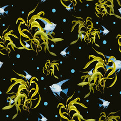 Fototapeta na wymiar Watercolor seamless pattern of blue angelfish, yellow seaweeds isolated on dark background. Print, poster, banner, background, menus, decor, wallpaper, fabric, textile, wrapping.