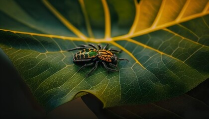 Macro shot of a spider on a leaf unsplash  Generative AI
