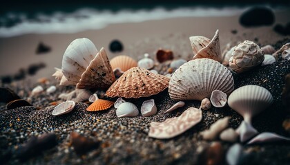 Seashells scattered on a sandy beach unsplash  Generative AI